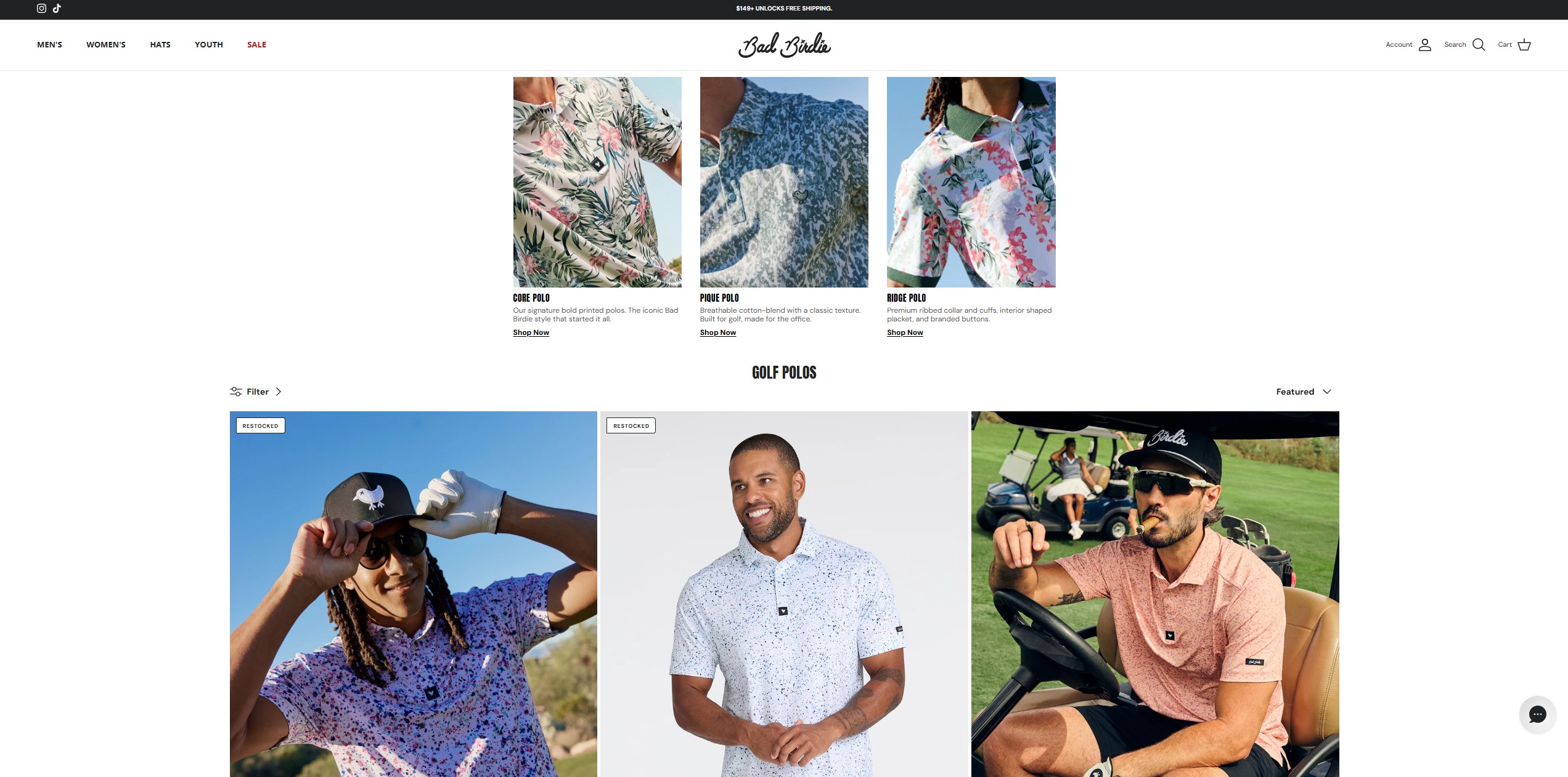 Bad Birdie golf polo lineup — Core Polo, Pique Polo, and Ridge Polo shown on the brand's golf polos collection page