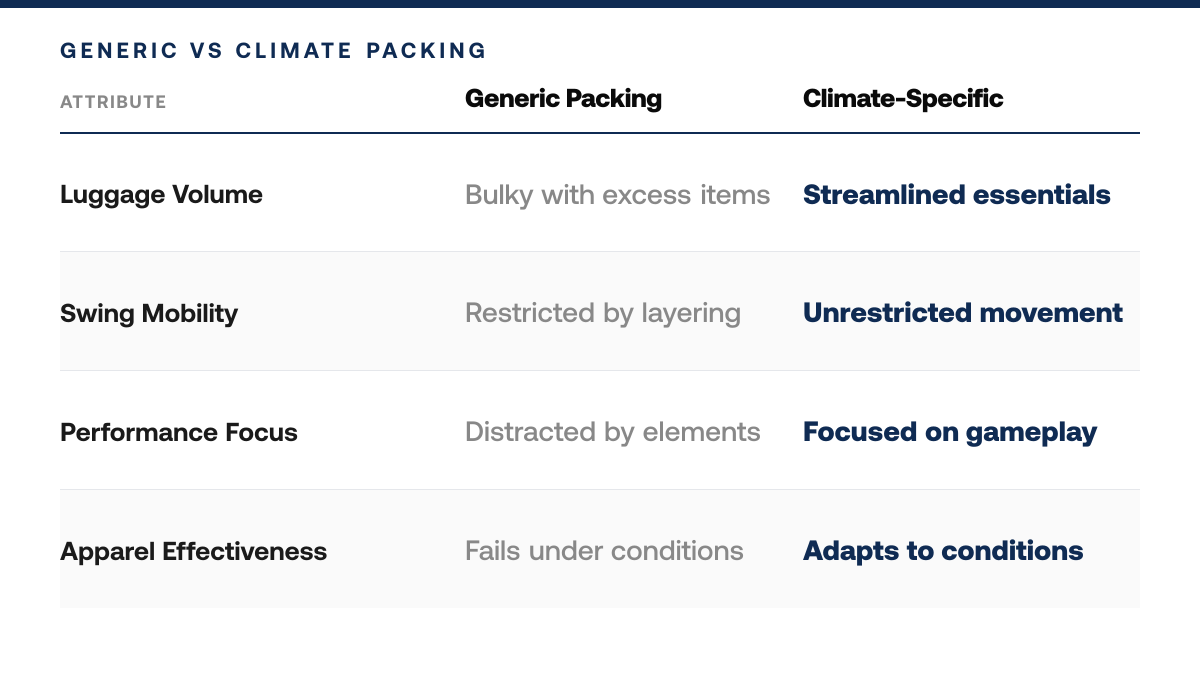 7 Essential Items to Pack for Your Golf Trip by Climate Zone — comparison-grid