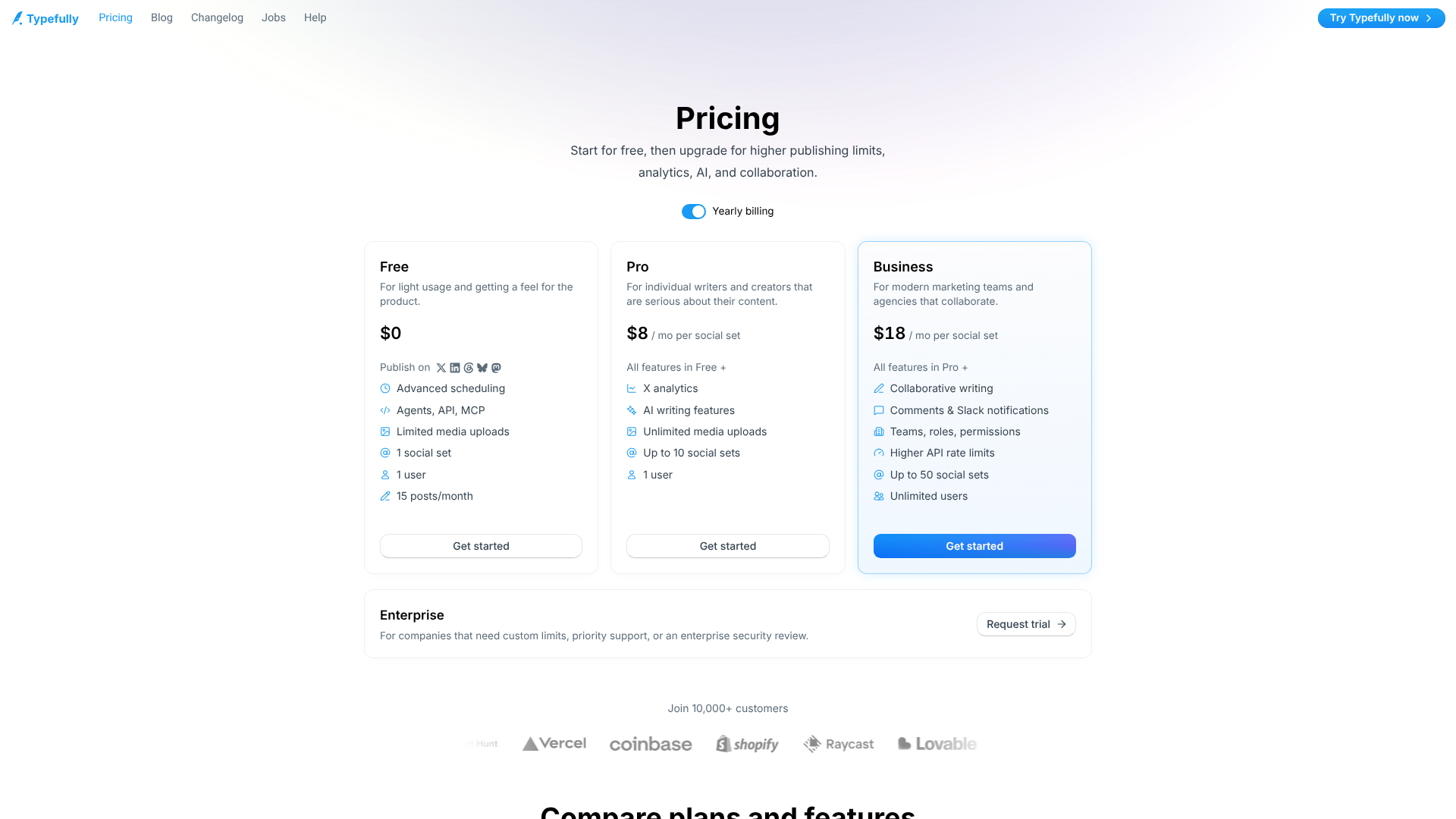 Typefully pricing page