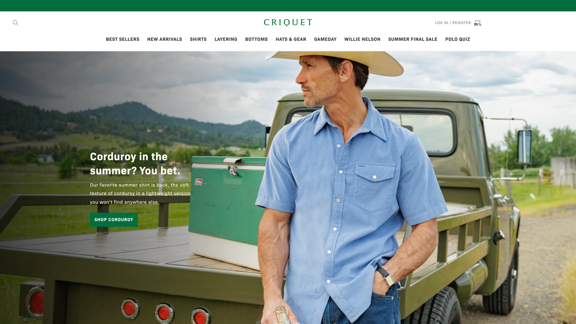 Criquet Shirts homepage screenshot
