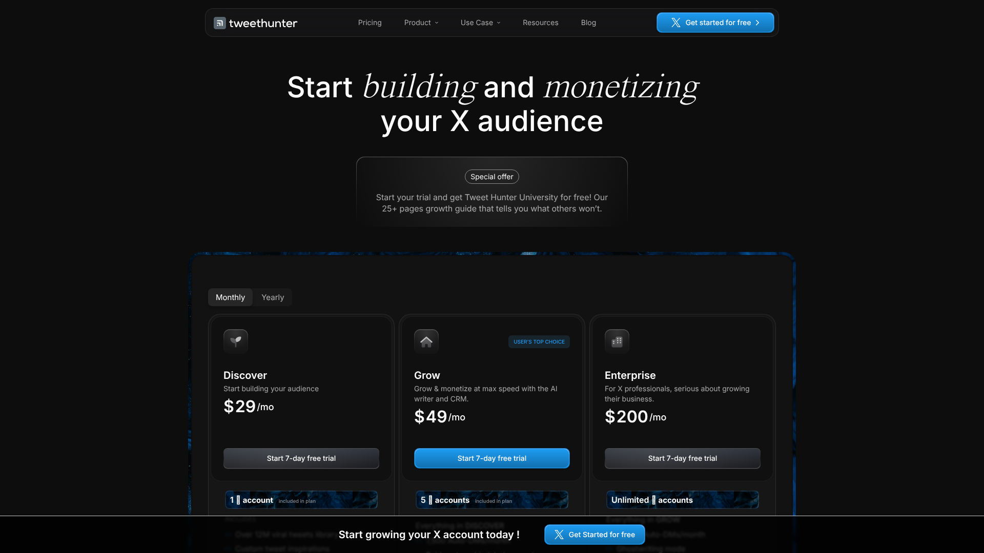 Tweet Hunter pricing page