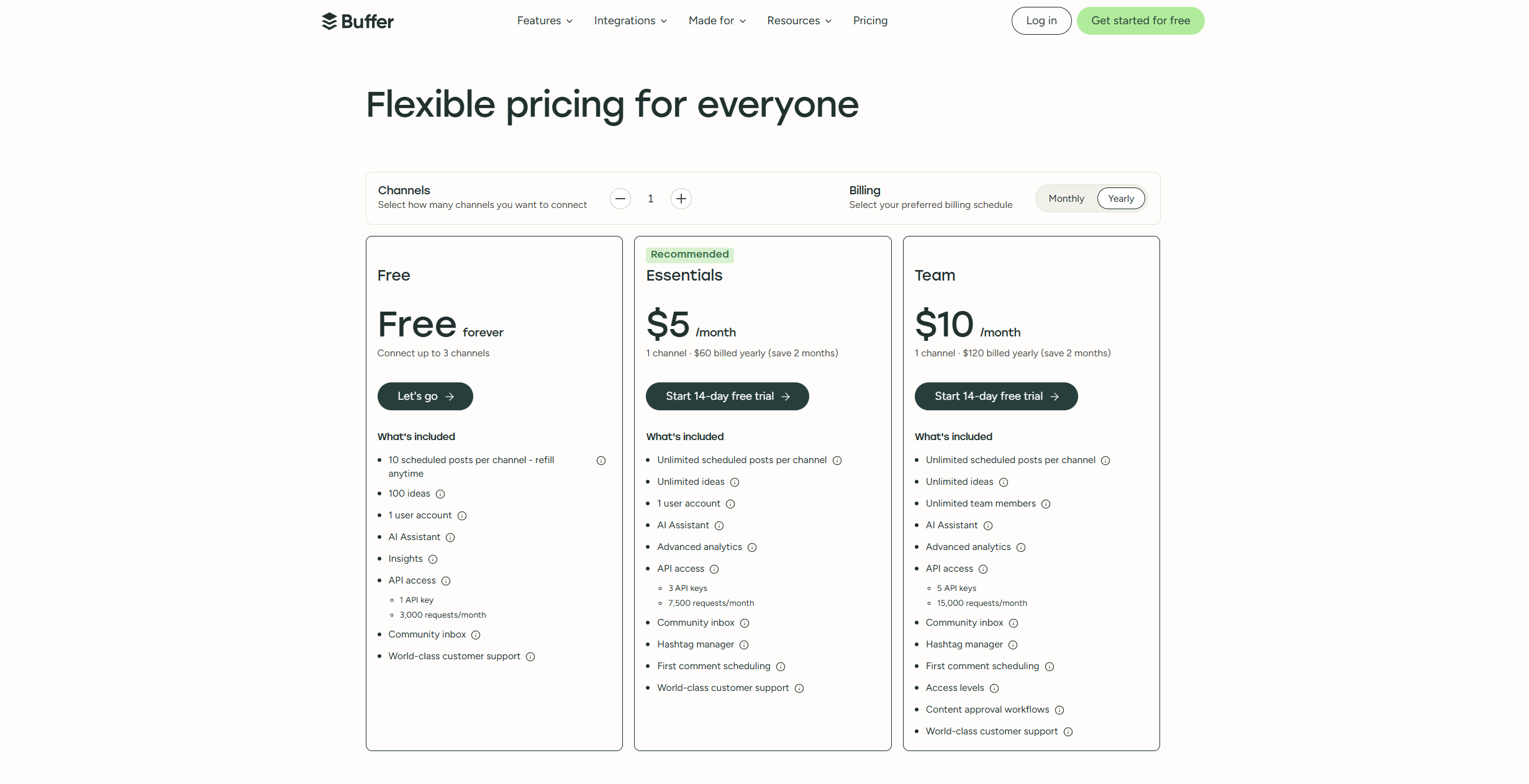 Buffer's pricing page showing Free, Essentials at $5/month and Team at $10/month for one channel on yearly billing