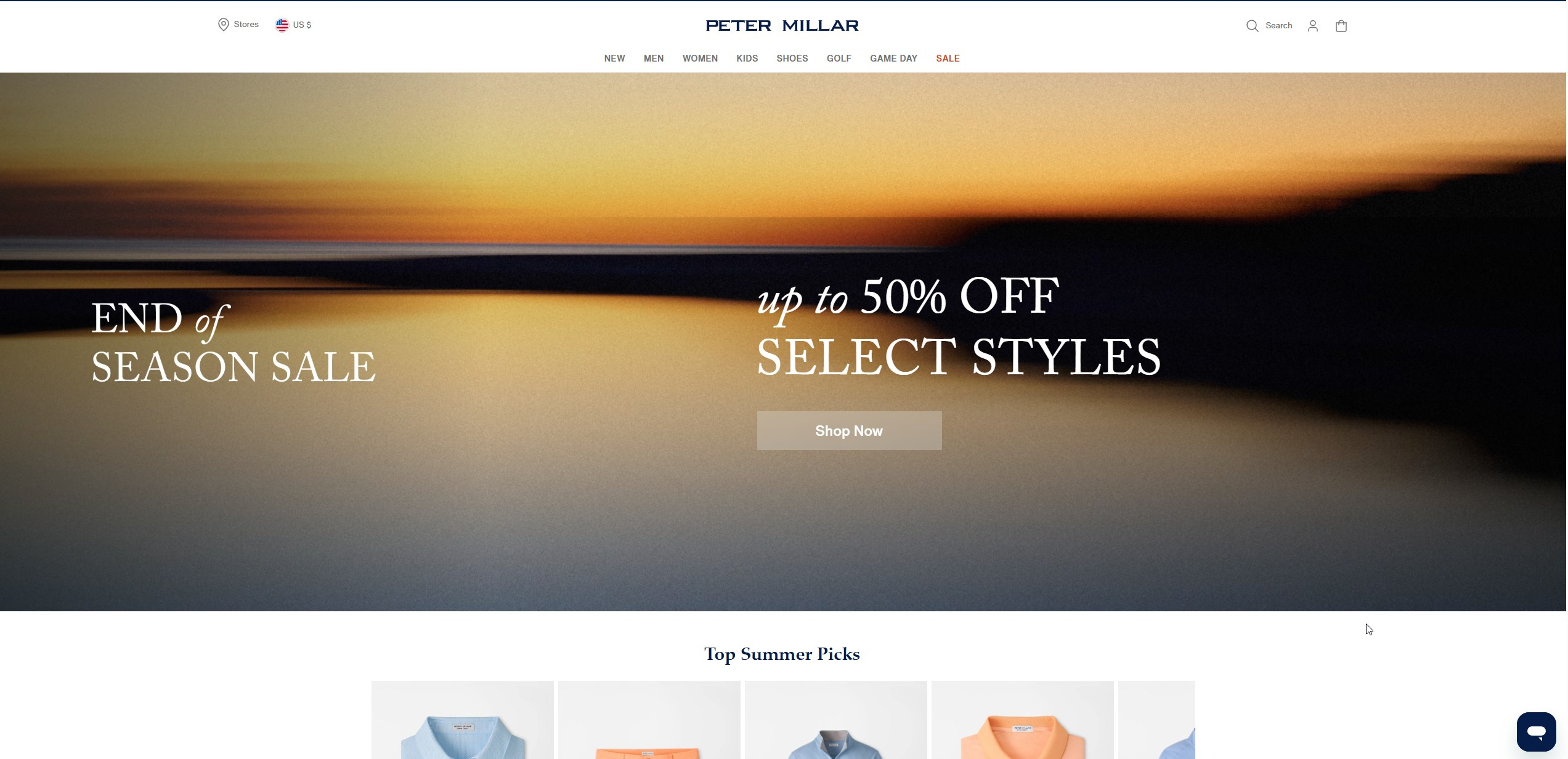 Peter Millar golf apparel homepage